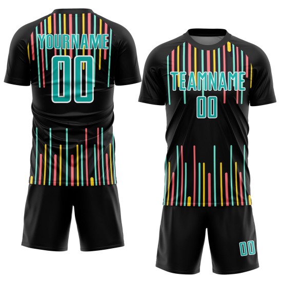 Custom Black Aqua-White Lines Sublimation Soccer Uniform Jersey Custom Black Aqua-White Lines Sublimation Soccer Uniform Jersey
