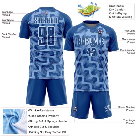 Custom Royal Light Blue-White Lines Sublimation Soccer Uniform Jersey Custom Royal Light Blue-White Lines Sublimation Soccer Uniform Jersey