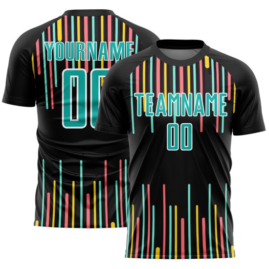 Custom Black Aqua-White Lines Sublimation Soccer Uniform Jersey Custom Black Aqua-White Lines Sublimation Soccer Uniform Jersey