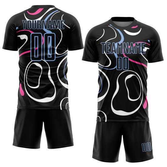 Custom Black Light Blue Fluid Shapes Sublimation Soccer Uniform Jersey Custom Black Light Blue Fluid Shapes Sublimation Soccer Uniform Jersey
