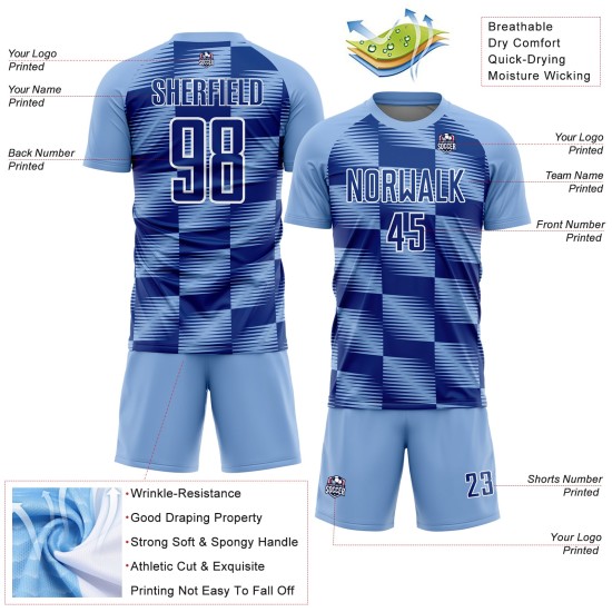 Custom Light Blue Royal-White Lines Sublimation Soccer Uniform Jersey Custom Light Blue Royal-White Lines Sublimation Soccer Uniform Jersey