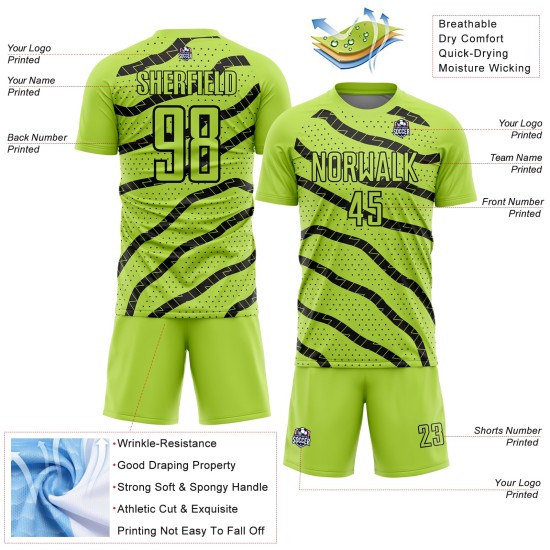 Custom Neon Green Black Lines And Dots Sublimation Soccer Uniform Jersey Custom Neon Green Black Lines And Dots Sublimation Soccer Uniform Jersey
