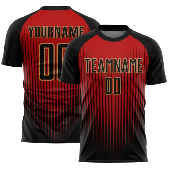 Custom Black Red-Old Gold Lines Sublimation Soccer Uniform Jersey Custom Black Red-Old Gold Lines Sublimation Soccer Uniform Jersey