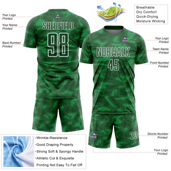Custom Kelly Green White Geometric Shapes Sublimation Soccer Uniform Jersey Custom Kelly Green White Geometric Shapes Sublimation Soccer Uniform Jersey