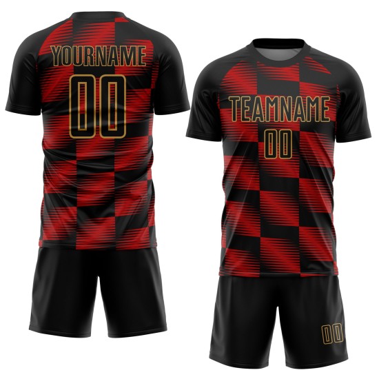 Custom Black Red-Old Gold Lines Sublimation Soccer Uniform Jersey Custom Black Red-Old Gold Lines Sublimation Soccer Uniform Jersey