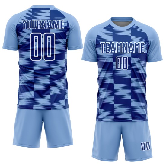 Custom Light Blue Royal-White Lines Sublimation Soccer Uniform Jersey Custom Light Blue Royal-White Lines Sublimation Soccer Uniform Jersey