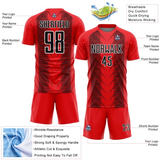 Custom Fire Red Black-White Lines Sublimation Soccer Uniform Jersey Custom Fire Red Black-White Lines Sublimation Soccer Uniform Jersey
