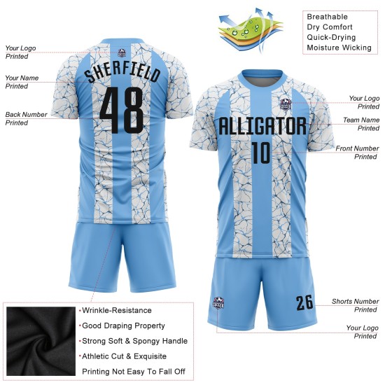 Custom Light Blue Black-White Sublimation Soccer Uniform Jersey Custom Light Blue Black-White Sublimation Soccer Uniform Jersey