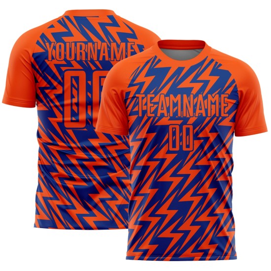 Custom Orange Royal Lightning Sublimation Soccer Uniform Jersey Custom Orange Royal Lightning Sublimation Soccer Uniform Jersey